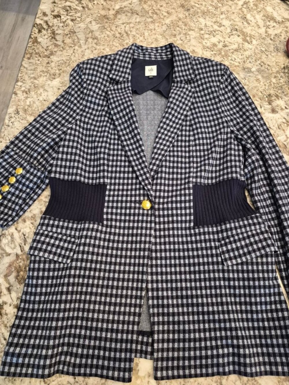 Cabi Blue Gingham Blazer XL With Gold Buttons & Ribbed Waist Detail Sixe XL